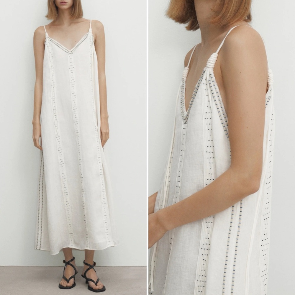 Massimo Dutti Embroidered Linen Maxi Dress Cream Size M-L NWT
